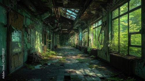 A long abandoned corridor overtaken by nature and vegetation