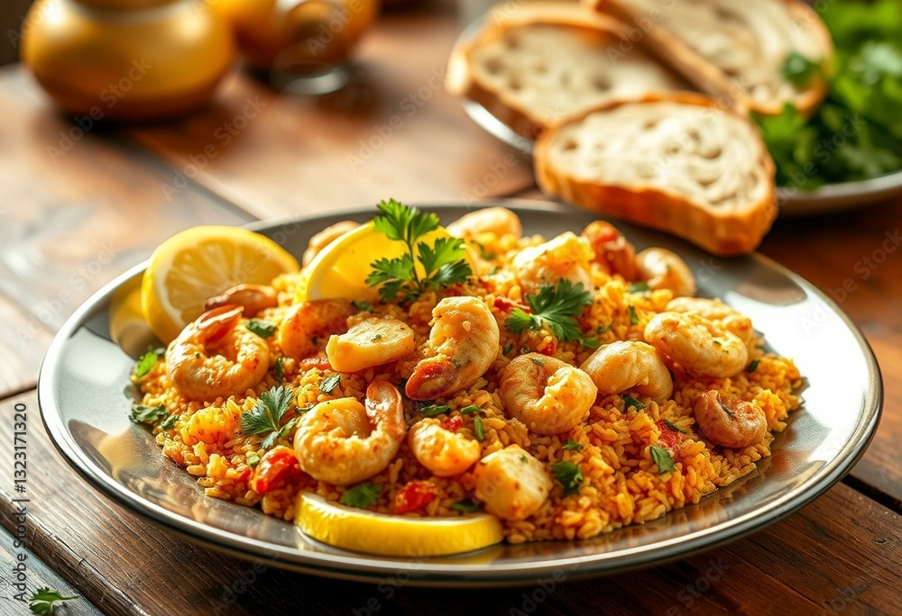 Paella on wooden table with parsley and lemon Paella on wooden table with parsley and lemon