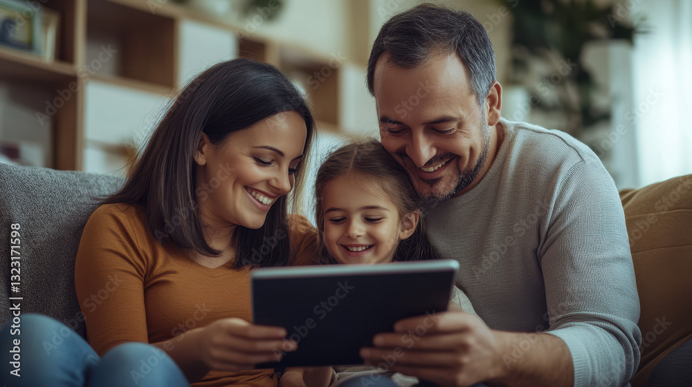 a happy family using a tablet together at home. A smiling father and daughter are sitting on a sofa a happy family using a tablet together at home. A smiling father and daughter are sitting on a sofa