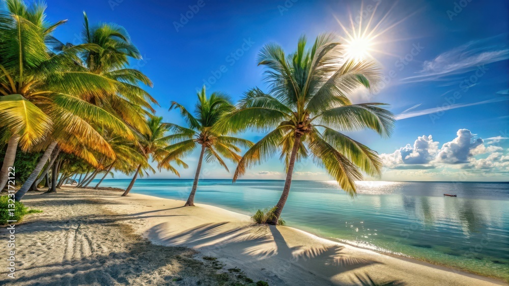 Fototapeta premium Warm sunlight filtering through palm trees on a clear blue sky over the Florida Keys beach with soft white sand and crystal-clear turquoise water, getaway, sunshine