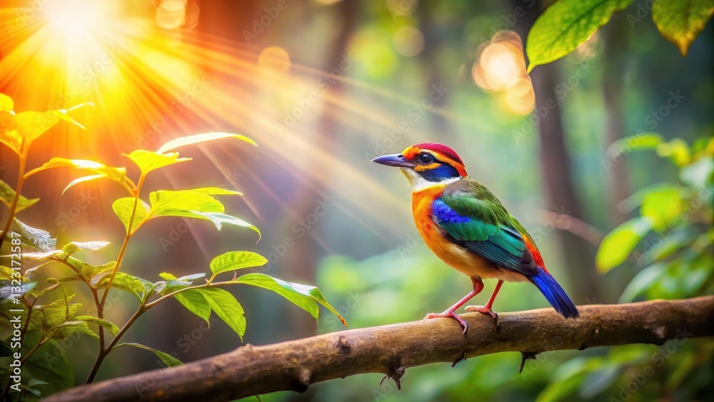 A colorful bird perched on a thin tree branch suspended high above a forest floor, blurred background and sunlight filters through the leaves , trees, blurred background A colorful bird perched on a thin tree branch suspended high above a forest floor, blurred background and sunlight filters through the leaves , trees, blurred background