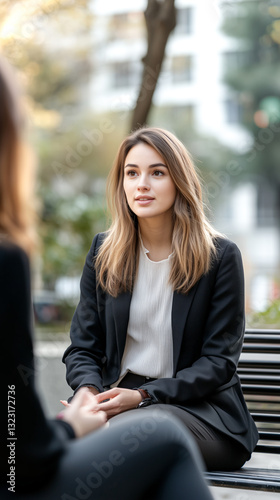 Free Download A young American woman in a business-casual outfit sits on a park bench with her stressed female colleague - GFXLoad
