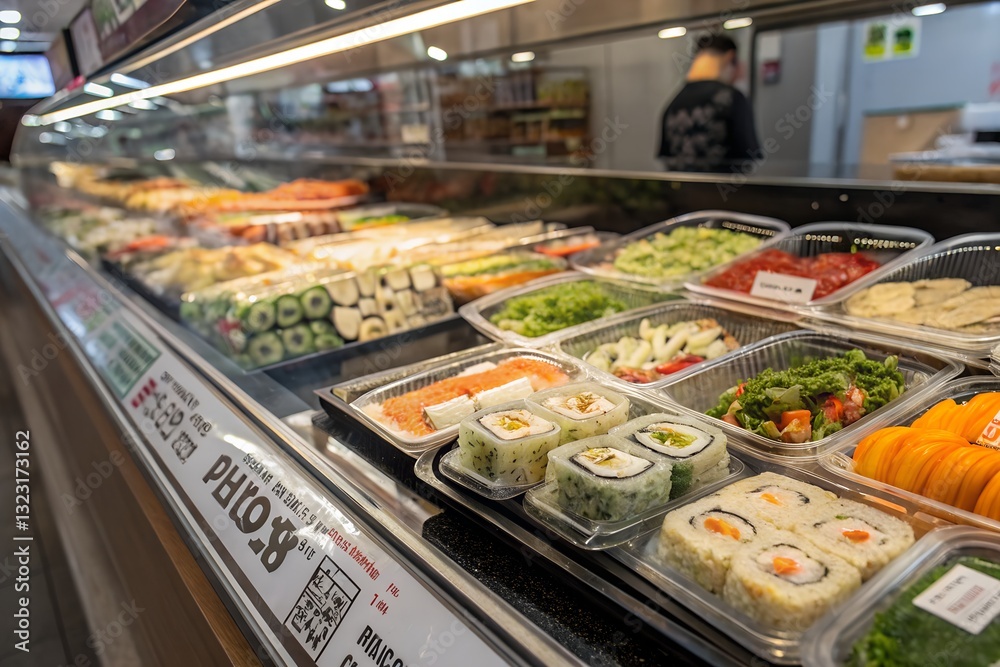 Assortment of fresh sushi and salad displayed in a refrigerated deli case for sale in store Assortment of fresh sushi and salad displayed in a refrigerated deli case for sale in store