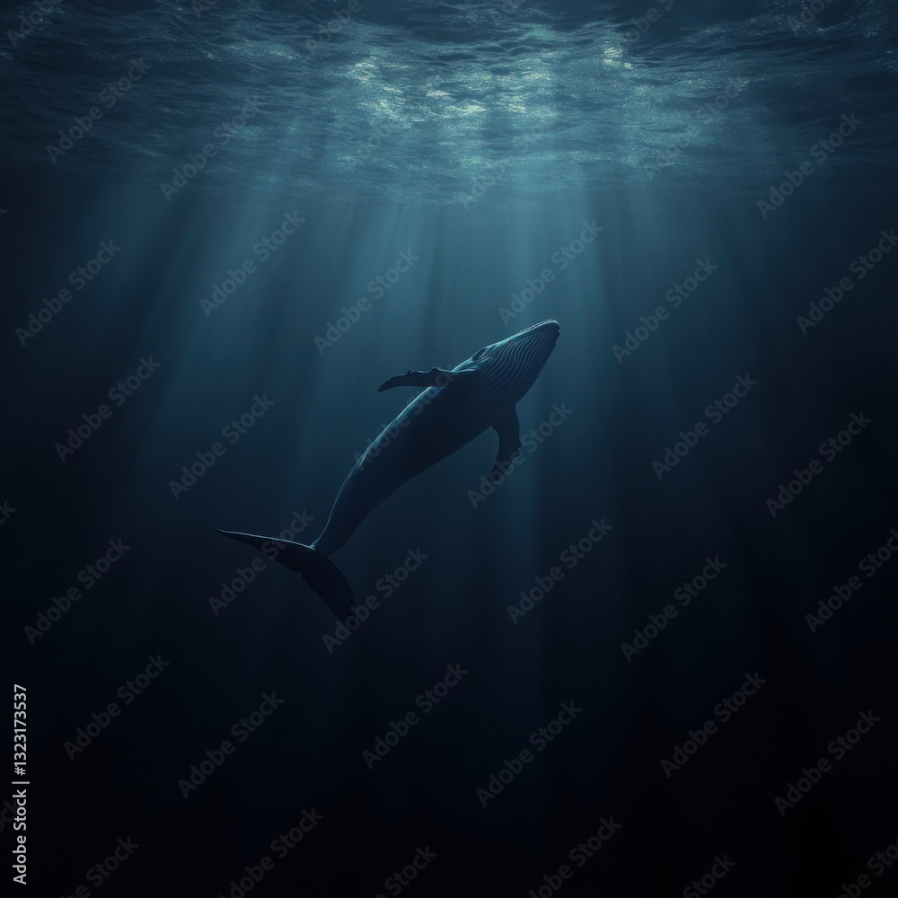 Obraz premium A high-resolution, serene and melancholic scene of a lone 52Hz whale gliding through deep ocean waters
