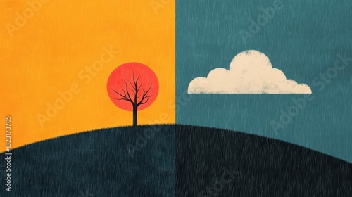 Split Scene Design with Rain and Sunshine Depicting Contrasting Weather Conditions