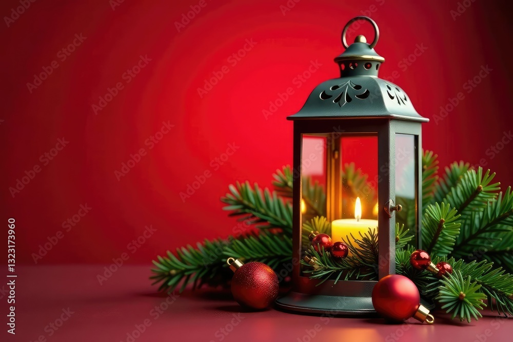 Ornate metal lantern filled with a pine branch wreath and colorful ornaments, festive, ornaments, red background Ornate metal lantern filled with a pine branch wreath and colorful ornaments, festive, ornaments, red background
