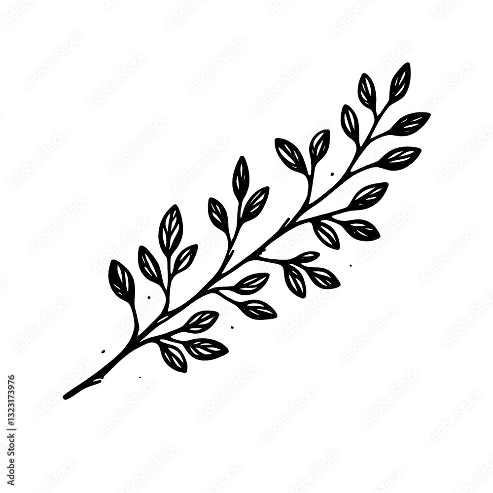 A simple black-and-white line drawing of a tree branch with multiple small leaves. A simple black-and-white line drawing of a tree branch with multiple small leaves.