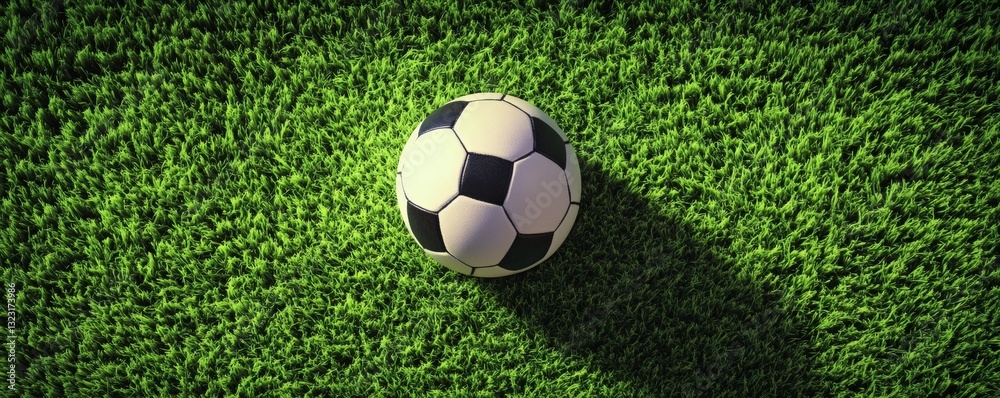 A soccer ball sits on vibrant green artificial grass A soccer ball sits on vibrant green artificial grass