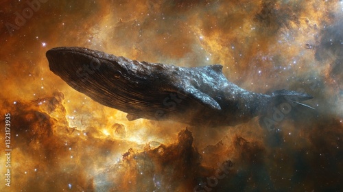 A magnificent whale gracefully swims in the vast and colorful cosmos