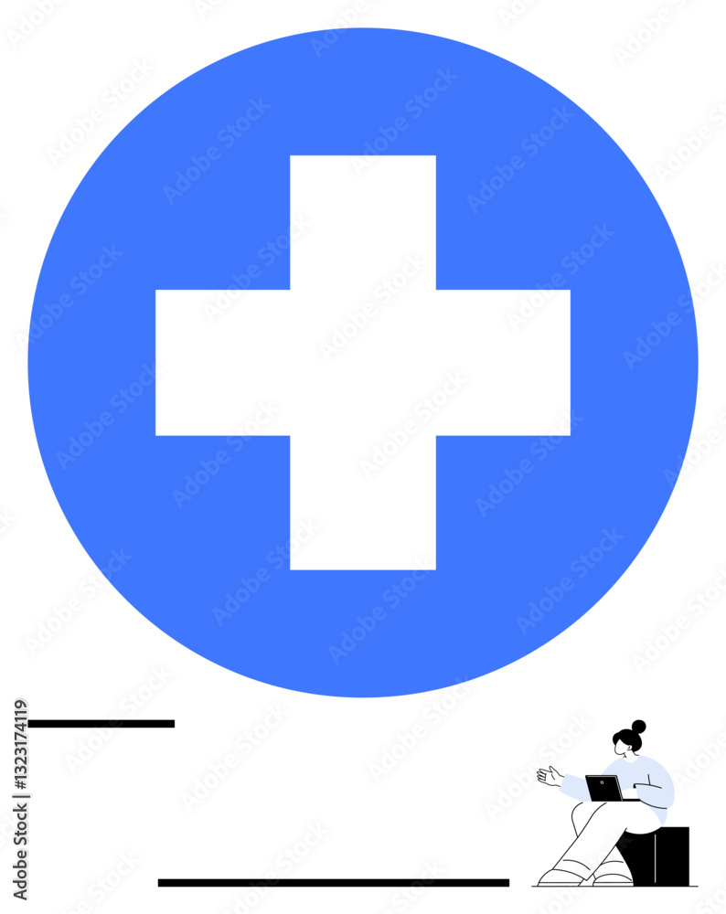 Obraz premium Minimalist design with a blue medical cross and a professional with a laptop suggesting health care online, digital communication. Ideal for healthcare, telemedicine, remote work, health innovation