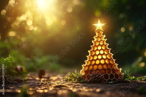 Honeycomb Christmas Tree Golden Festive Nature Scene, Bokeh Lights