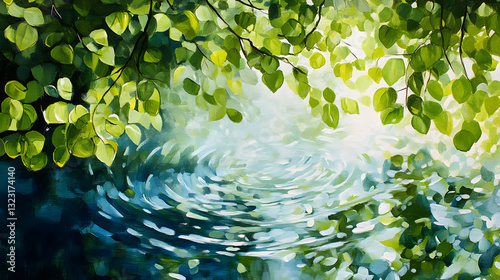 Oil painting of the quiet water surface with ripples under the leaves