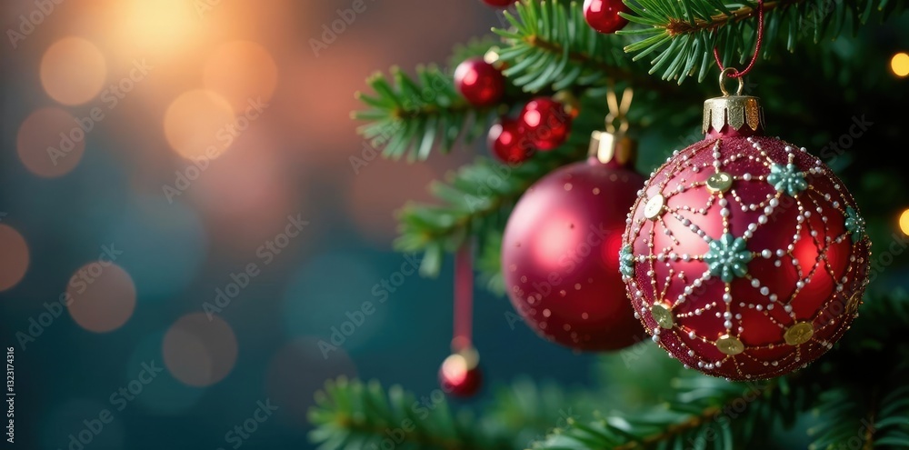 Obraz premium Ornaments covered in sparkling glass balls hang from a colorful Christmas tree branch, festive, berries