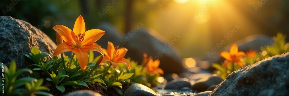 Orange yello lily blooms in the morning light peeking out from between rocks, lily, flowers, orange Orange yello lily blooms in the morning light peeking out from between rocks, lily, flowers, orange
