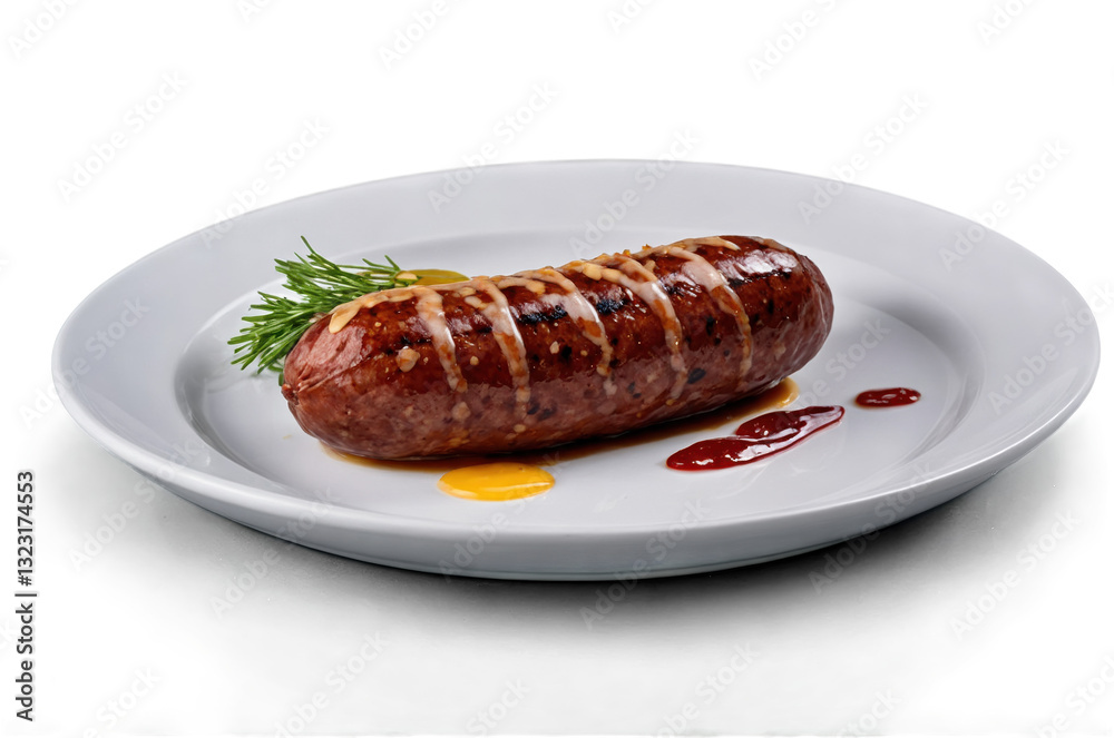 Cooked sausage served with condiments on a plate,isolated Cooked sausage served with condiments on a plate,isolated
