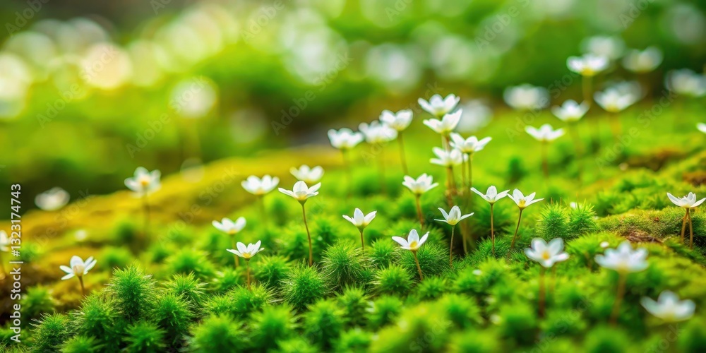 Lush green moss carpet with delicate white flowers and small insects amidst it, plant, insect Lush green moss carpet with delicate white flowers and small insects amidst it, plant, insect