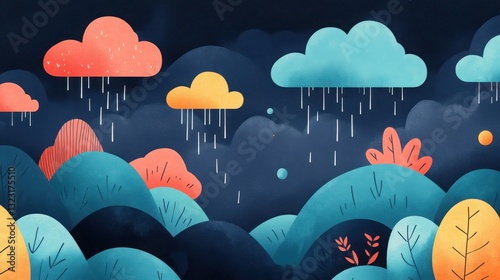 Dramatic Stormy Weather Scene with Clouds, Lightning, and Colorful Landscape Design