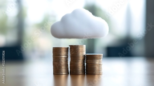 Cloud computing cost savings concept; three stacks of coins with a fluffy cloud symbol above.