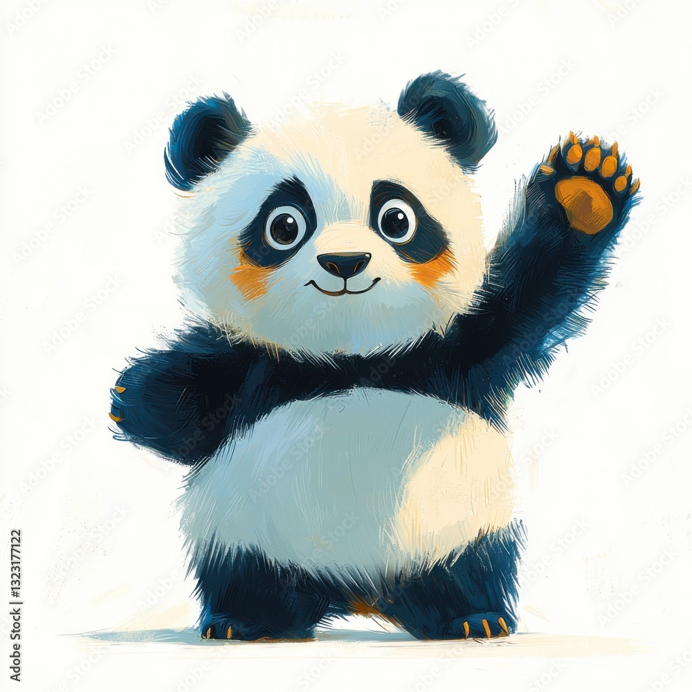 Fototapeta premium Charming Panda Character Waving Hello in Whimsical Cartoon Illustration with Textured Brush Strokes