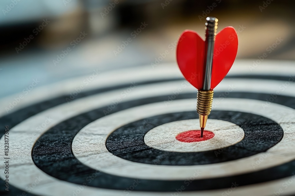 A red dart hits the bullseye of a dartboard. Success, accuracy, and achieving goals are symbolized by this image. A red dart hits the bullseye of a dartboard. Success, accuracy, and achieving goals are symbolized by this image.