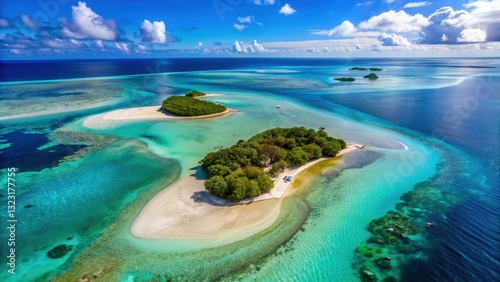 Aerial View of Two Tropical Islands Connected by a Sandbar Surrounded by Crystal Clear Waters, scenery, island,  scenery