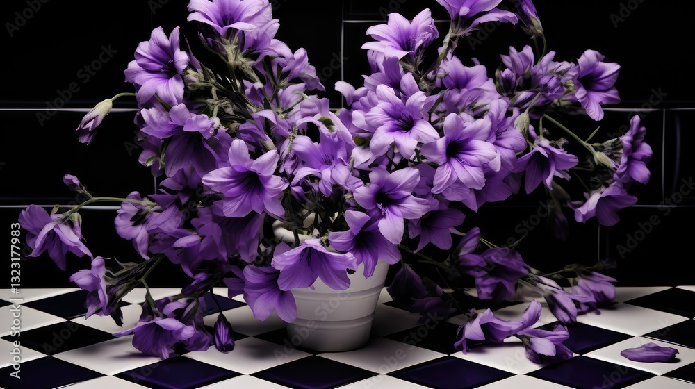 Naklejka premium flowers black and white tile floor