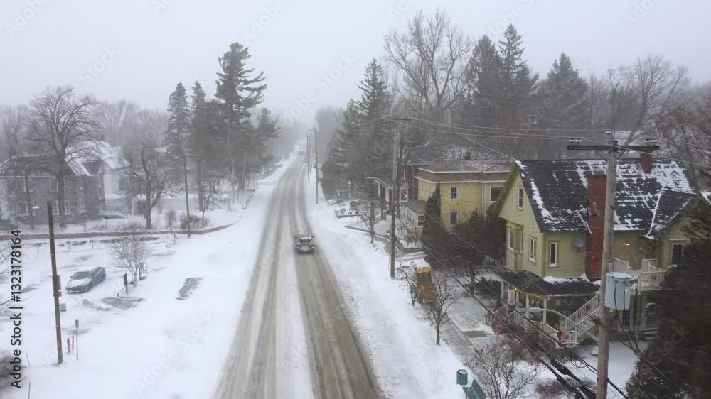 Drone dolly over a snowy neighborhood as a snow plow clears sidewalks and cars drive Drone dolly over a snowy neighborhood as a snow plow clears sidewalks and cars drive
