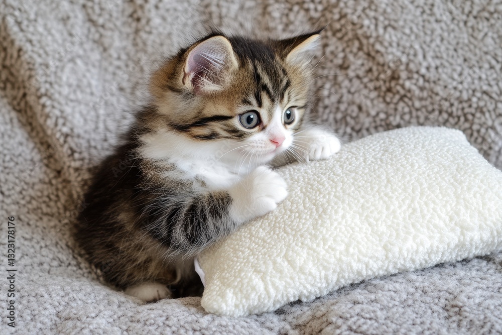 Fototapeta premium Adorable fluffy kitten playfully kneading a soft pillow with tiny paws, showcasing its playful spirit and curiosity.