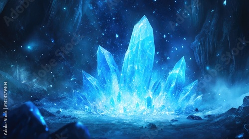 Majestic blue crystals radiate light in a celestial icy cave