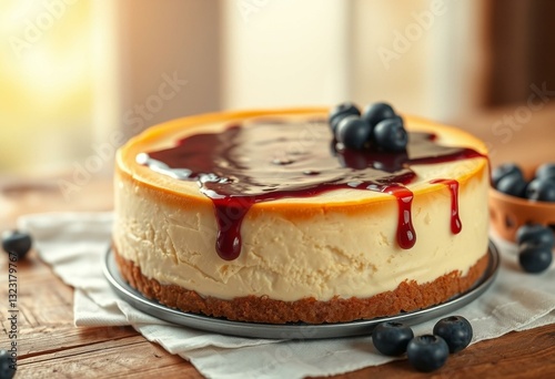 Rustic wooden table with a white linen cloth, golden brown crust cheesecake, creamy white filling, blueberry compote topping