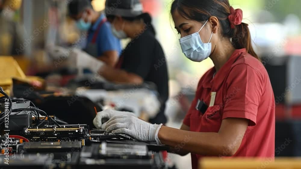Efficiency in Assembly Line: A group of dedicated workers, adorned in protective gear, diligently assemble electronic components, highlighting the precision, teamwork. Efficiency in Assembly Line: A group of dedicated workers, adorned in protective gear, diligently assemble electronic components, highlighting the precision, teamwork.