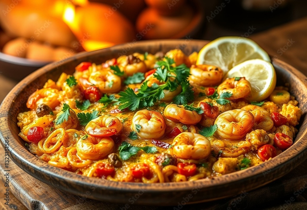 Paella dish with parsley and lemon Paella dish with parsley and lemon