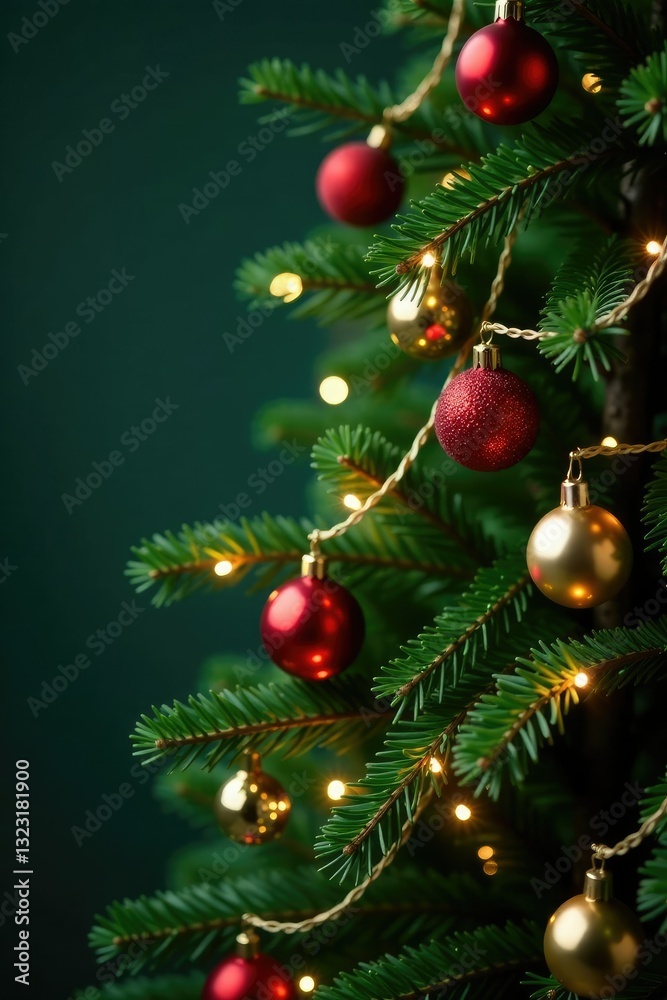 Evergreen branches with ornaments and fairy lights draped around the trunk, greenery, christmas decorations Evergreen branches with ornaments and fairy lights draped around the trunk, greenery, christmas decorations