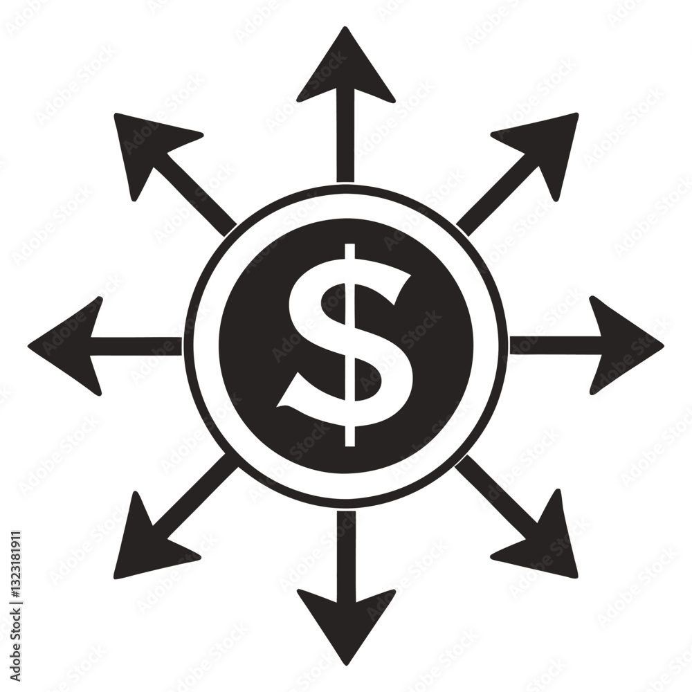 Business Network and Money Flow Icon – Black and White Circular Financial Connection Concept with People and Dollar Symbol for Economy, Investment, Crowdfunding, and Marketing Business Network and Money Flow Icon – Black and White Circular Financial Connection Concept with People and Dollar Symbol for Economy, Investment, Crowdfunding, and Marketing