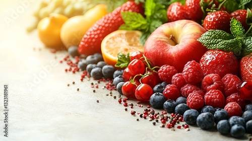Overhead view of a vibrant balanced diet food background featuring a diverse array of fresh produce—including fruits, vegetables, and whole grains—artfully arranged to inspire healthy, natural eating 