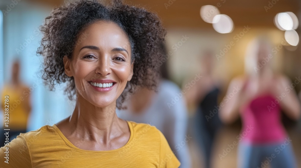 Fototapeta premium Fitness class enthusiasm group exercise gym studio portrait photography welcoming atmosphere close-up empowerment
