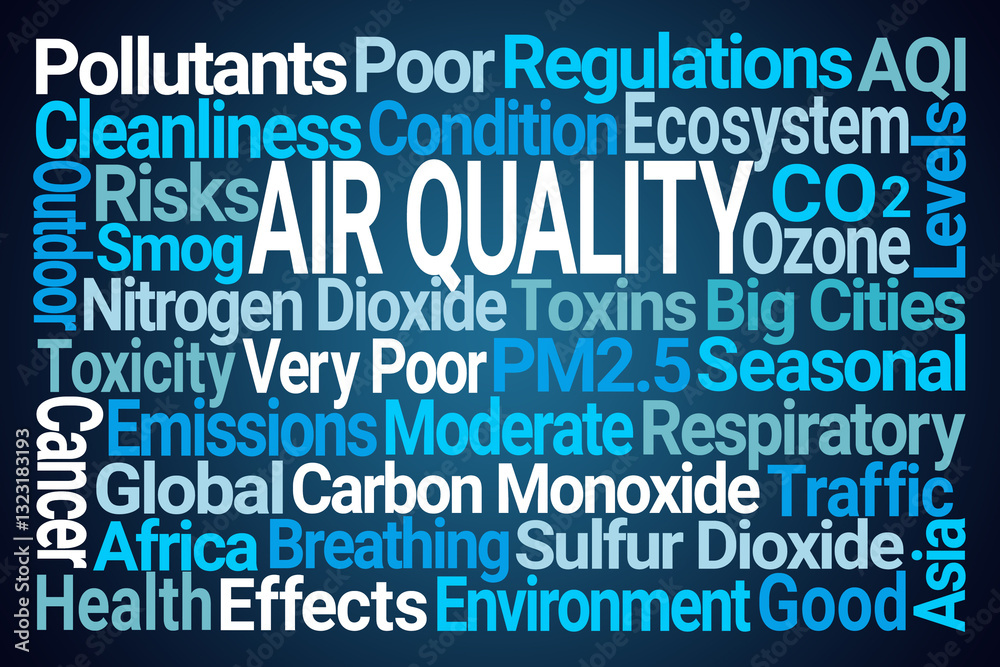 Air Quality Word Cloud on Blue Background Air Quality Word Cloud on Blue Background