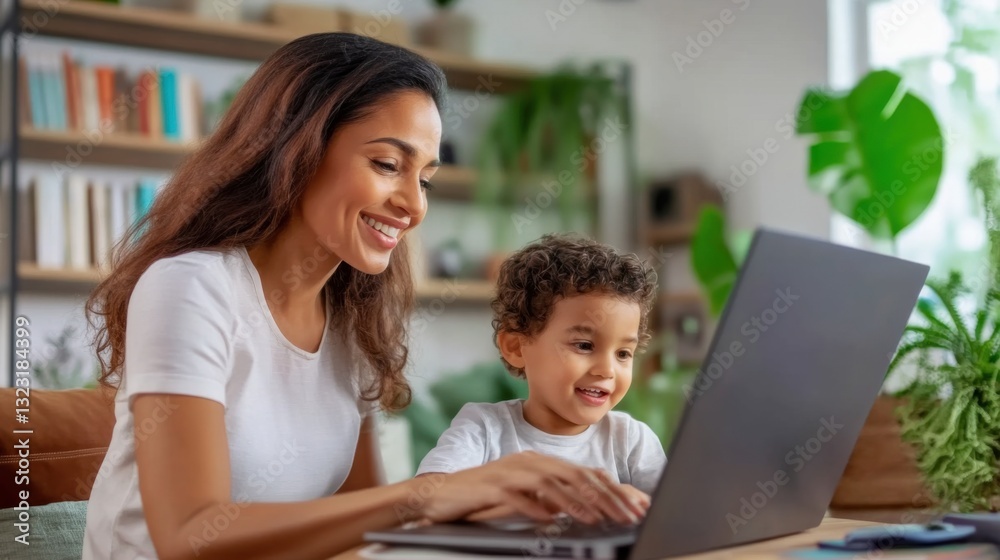 Mother engaging with child on laptop at home family interaction indoor living room warm atmosphere close-up view learning together Mother engaging with child on laptop at home family interaction indoor living room warm atmosphere close-up view learning together