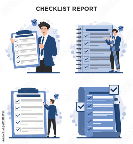 Set of Checklist report concept showing completed tasks, job done verification, and organized to-do list management