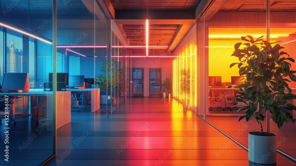 Fototapeta premium Futuristic modern office space exuding vibrant energy and innovative design for a dynamic work environment.