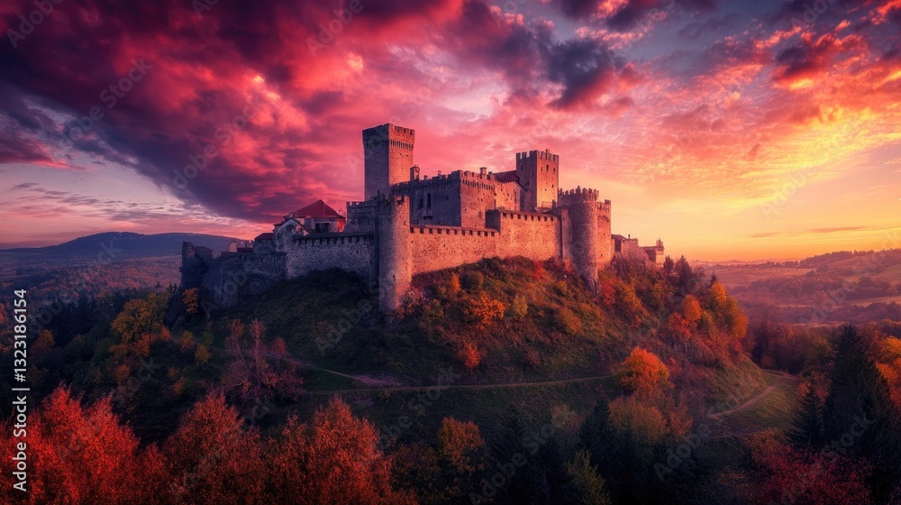 Fototapeta premium A grand stone castle sits atop a hill at sunset