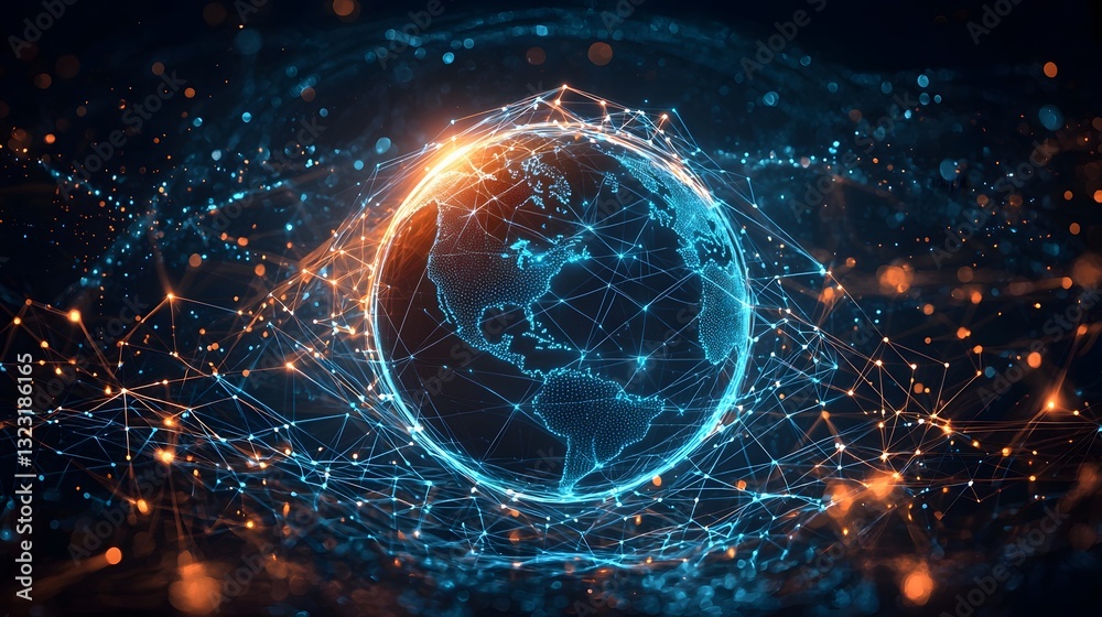 Obraz premium Global Business Network with Interconnected Digital Lines and Illuminated 3D Globe