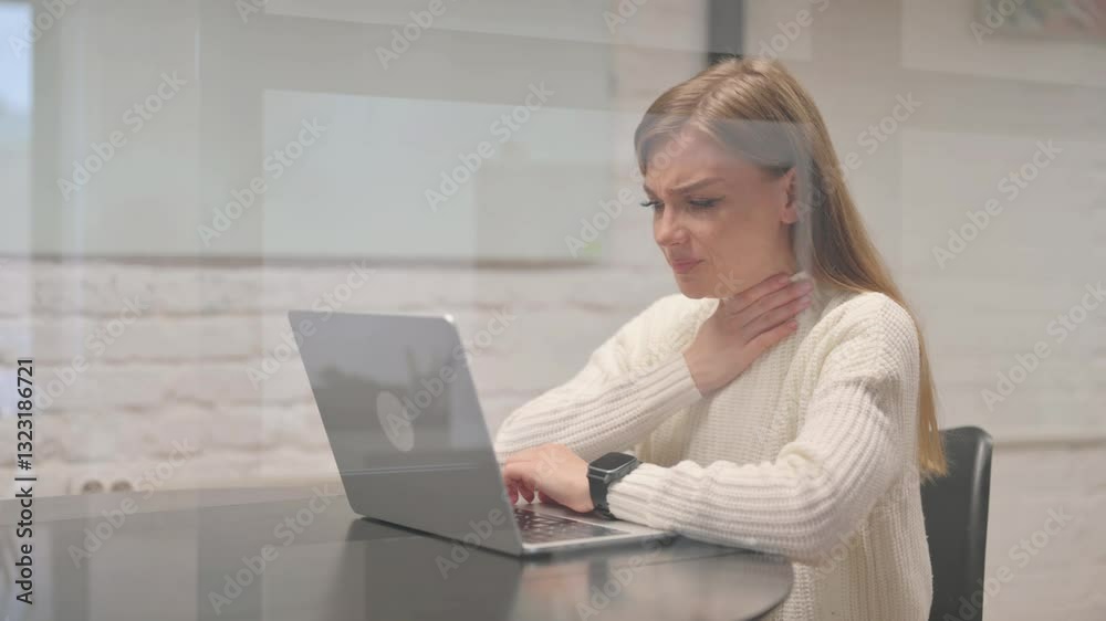 Sick Female Employee Coughing at Workspace Sick Female Employee Coughing at Workspace