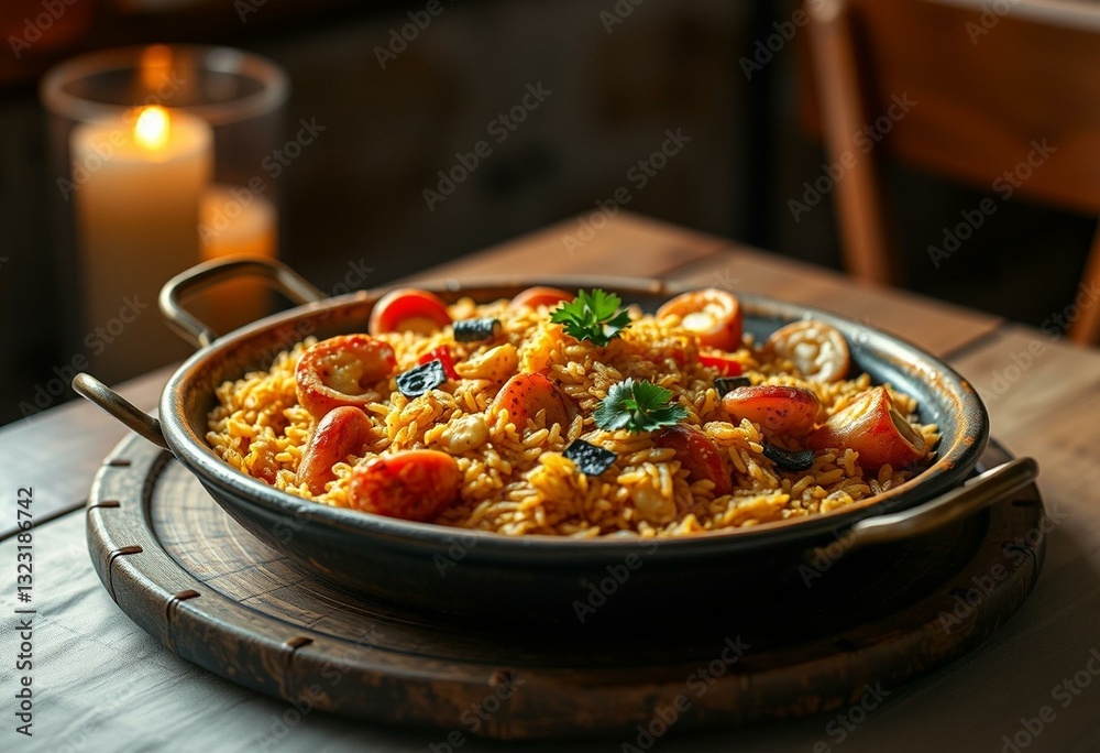 Delicious Paella on a rustic table Delicious Paella on a rustic table