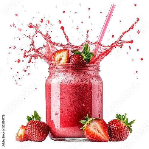 A vibrant strawberry smoothie splashes in a jar, surrounded by fresh strawberries.
