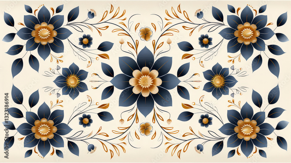 refined Art Deco floral pattern in deep navy and shimmering gold tones, featuring intricate symmetrical designs on light background, creating elegant and sophisticated look refined Art Deco floral pattern in deep navy and shimmering gold tones, featuring intricate symmetrical designs on light background, creating elegant and sophisticated look