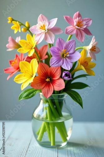 Wallpaper Mural Colorful Spring Flowers of Scilla bifolia and Primula vulgaris in a Glass Vase, alpine, glass vase, flowers Torontodigital.ca
