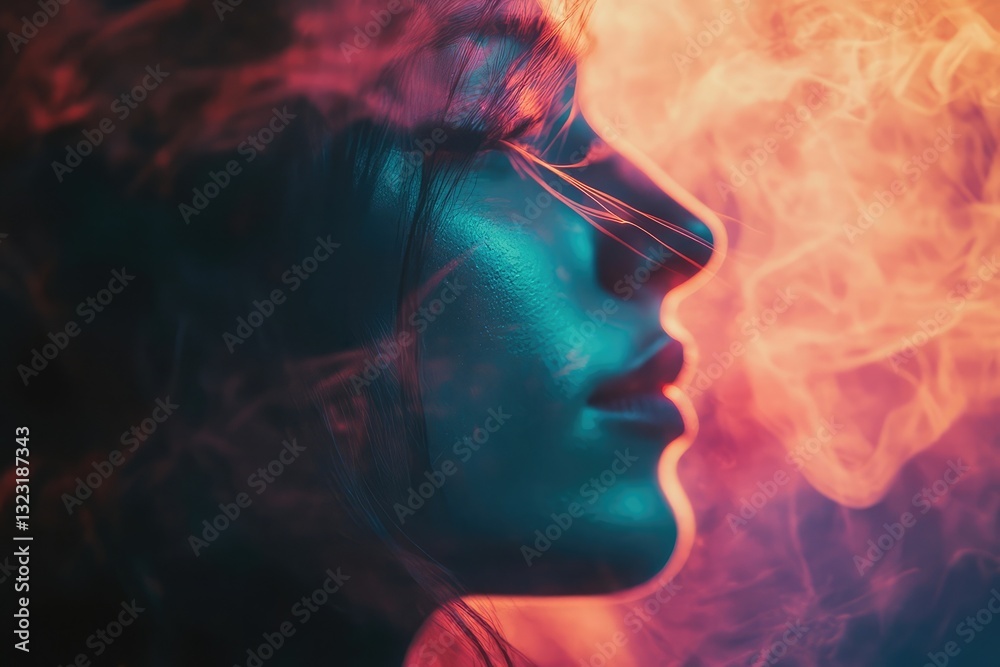 © jack - Mysterious woman's profile, partially obscured by vibrant, swirling smoke in shades of teal and orange. A captivating portrait. © jack - Mysterious woman's profile, partially obscured by vibrant, swirling smoke in shades of teal and orange. A captivating portrait.