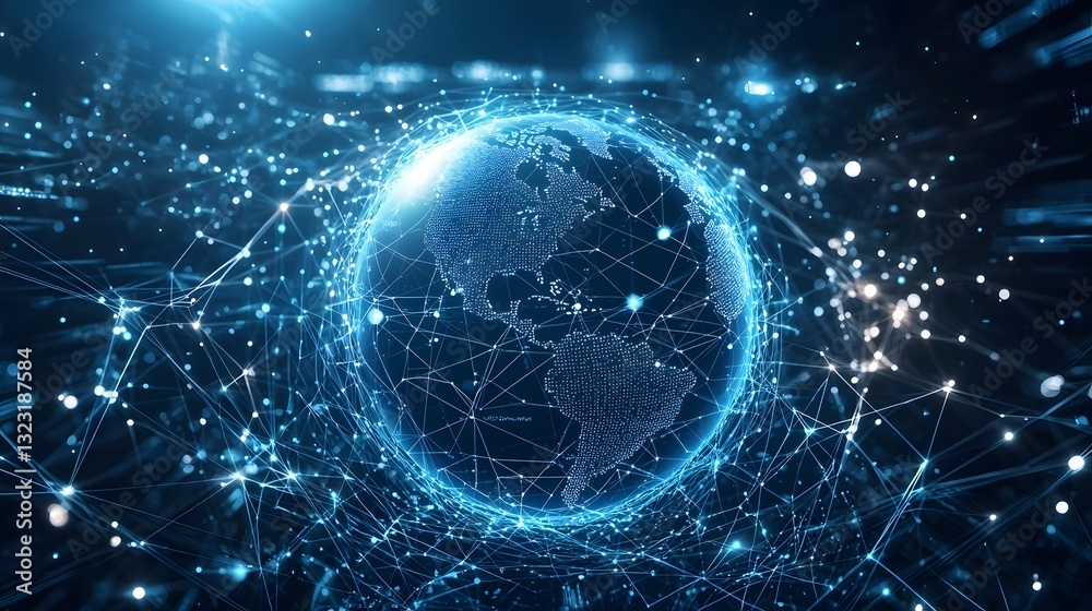 Fototapeta premium Interconnected Global Business Network with Illuminated 3D World Globe Symbolizing Digital Transformation