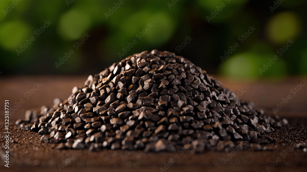 Close-up of pile of black seeds on flat surface highlighting texture and color in a minimalist photography style Close-up of pile of black seeds on flat surface highlighting texture and color in a minimalist photography style